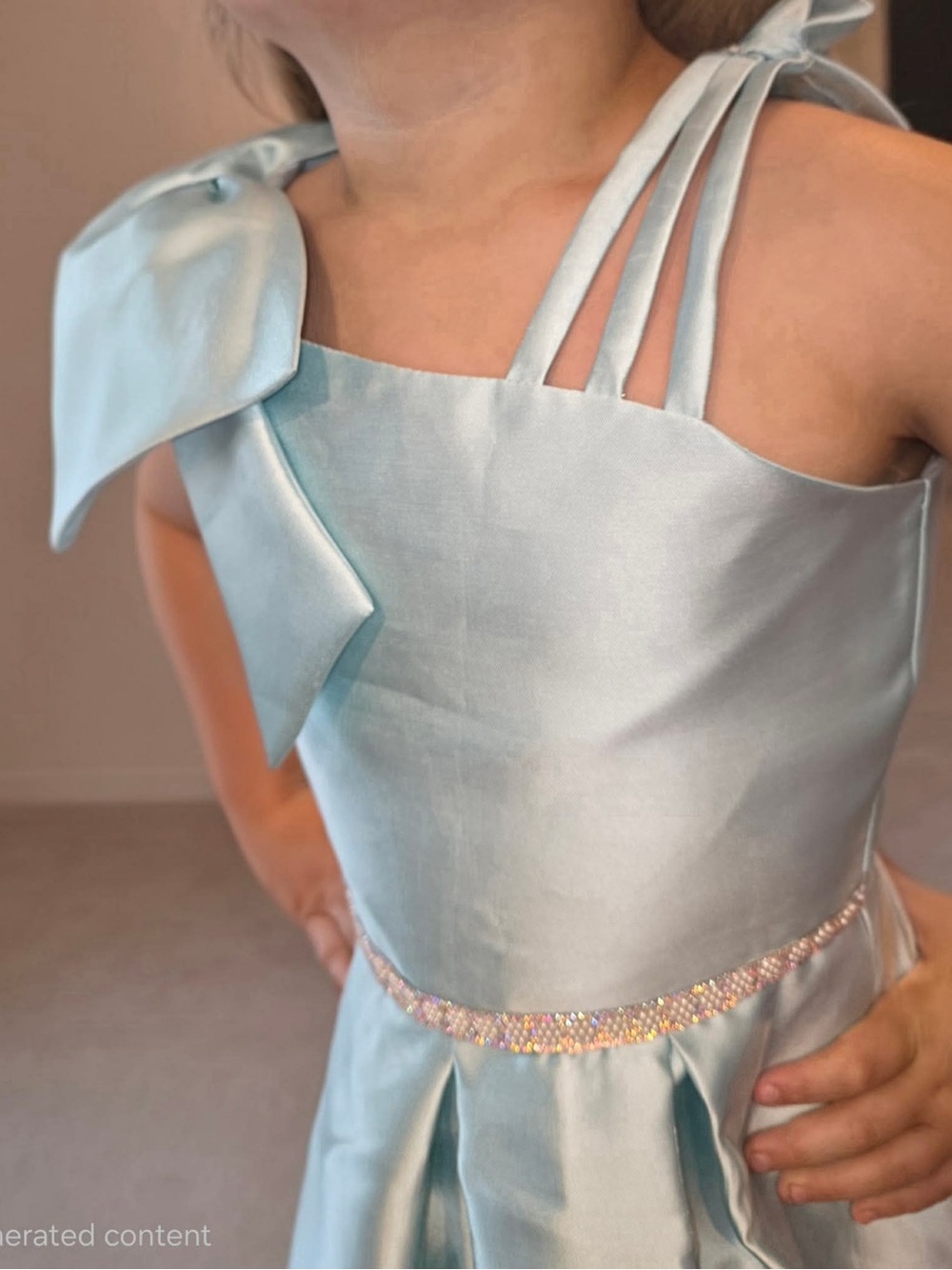Girls Light Blue Satin One-Piece Dress with Bow Detail